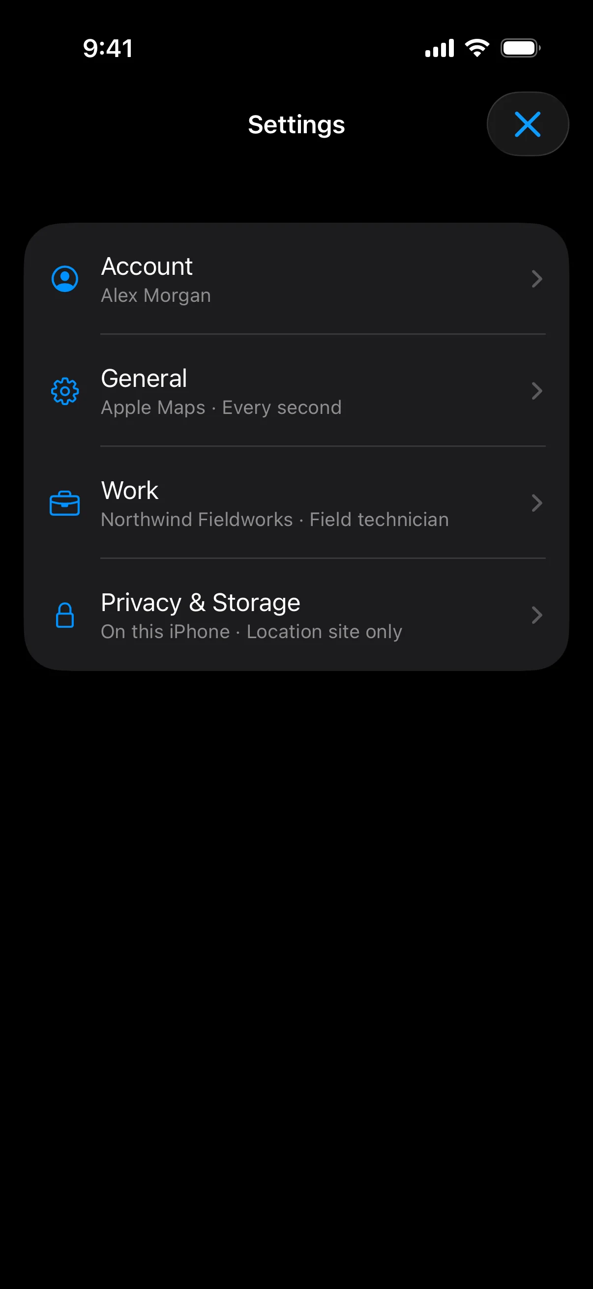 HitchMode Settings showing local account, work, privacy, and storage destinations with fictional profile data